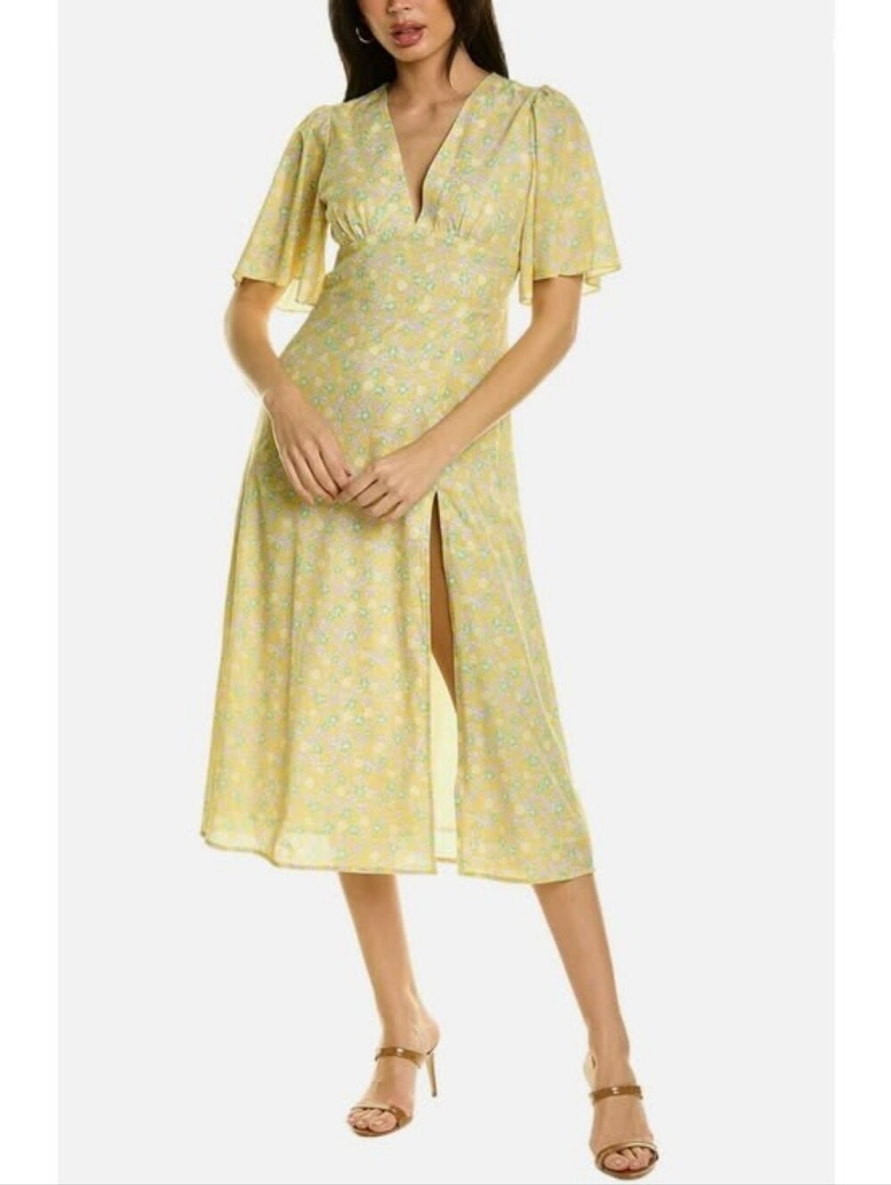Anthropologie OPT enata Yellow Floral Flutter Sleeve High Slit Midi Dress Sz S - Picture 2 of 12